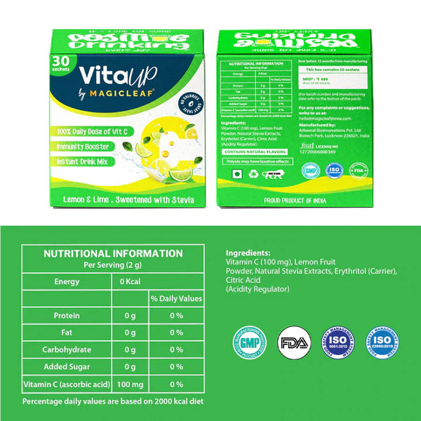 VitaUp Natural Vitamin C Sachets (🍋 Zesty Lemon & Lime Flavor) by Magicleaf (30 Sachets Box) | Immunity Booster | Sweetened With Himalayan Stevia Leaves