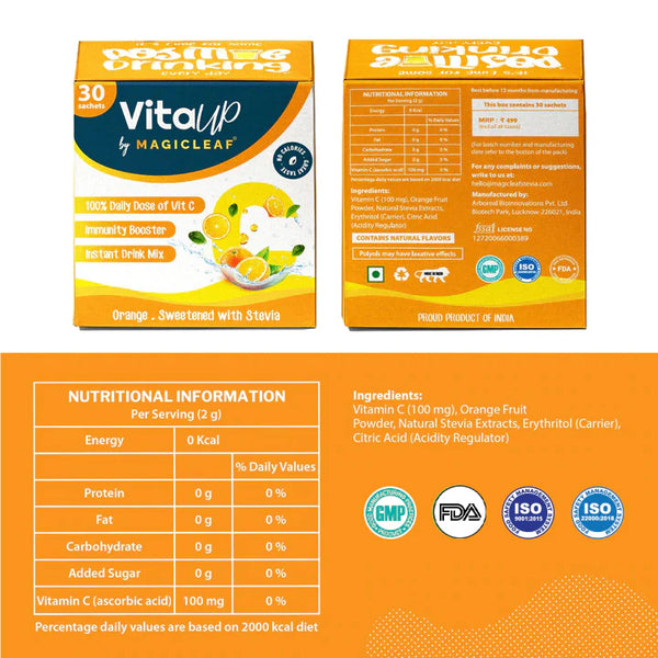 VitaUp Natural Vitamin C Sachets (🍊Tangy Orange Flavor) by Magicleaf (30 Sachets Box) | Immunity Booster | Sweetened With Himalayan Stevia Leaves