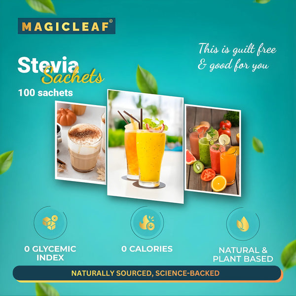 Stevia Powder Sachets By Magicleaf (100 Sachets) | Natural Sweetener Made From Himalayan Stevia Leaves