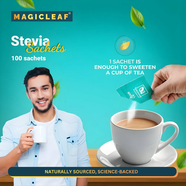 Stevia Powder Sachets By Magicleaf (100 Sachets) | Natural Sweetener Made From Himalayan Stevia Leaves