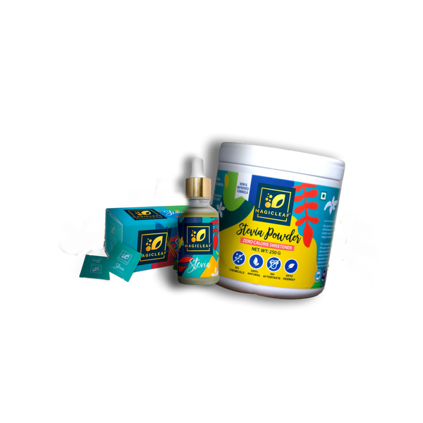 🎁 3-in-1 Combo Pack | Stevia Liquid Bottle (30ml) + Stevia Powder Jar (250g) + Stevia Powder Sachets (100 Sachets)