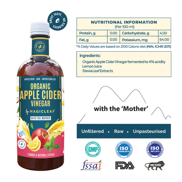 Organic Himalayan Apple Cider Vinegar with Lemon & Stevia by Magicleaf (750 ml) | Made From Shimla Apples