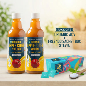 Two bottles of Organic Apple Cider Vinegar with Mother on a wooden surface, accompanied by a box of Stevia sachets.