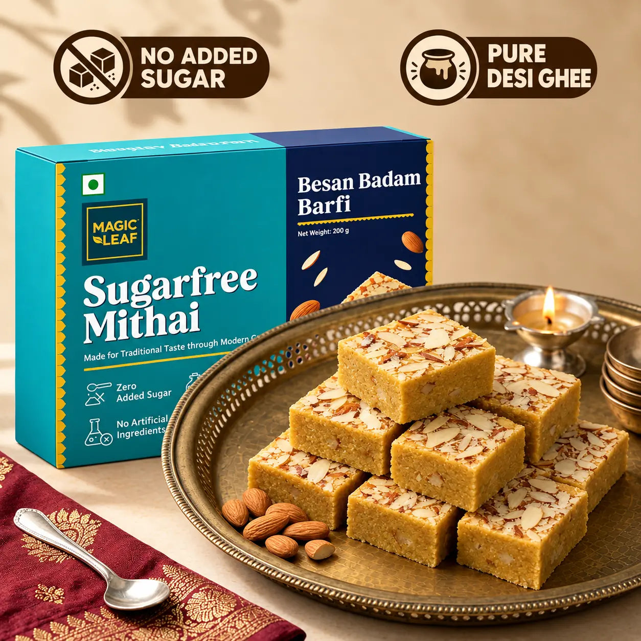 Besan Badam Barfi | Sugarfree Mithai by Magicleaf