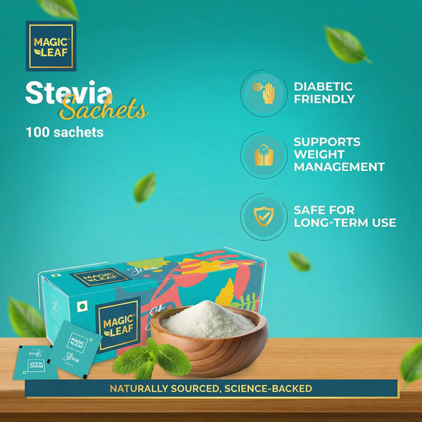 Stevia Powder Sachets By Magicleaf (100 Sachets) | Natural Sweetener Made From Himalayan Stevia Leaves