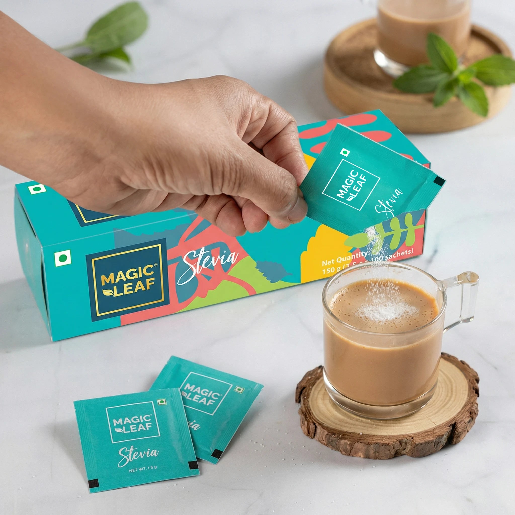 Stevia Powder Sachets By Magicleaf (100 Sachets) | Natural Sweetener Made From Himalayan Stevia Leaves