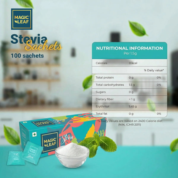 Stevia Powder Sachets By Magicleaf (100 Sachets) | Natural Sweetener Made From Himalayan Stevia Leaves