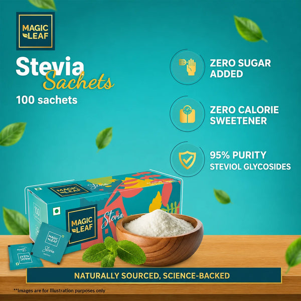 Magicleaf Stevia Sachets (Pack of 100) - Zero Calorie Sugar Substitute for Tea, Coffee & Much More