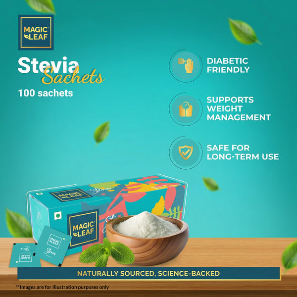 Stevia Powder Sachets By Magicleaf (100 Sachets) | Natural Sweetener Made From Himalayan Stevia Leaves
