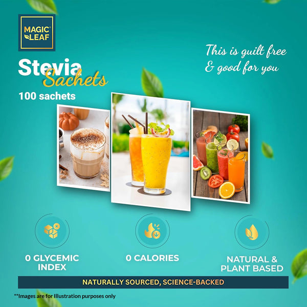 Stevia Powder Sachets By Magicleaf (100 Sachets) | Natural Sweetener Made From Himalayan Stevia Leaves