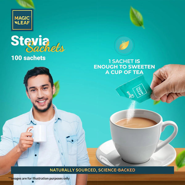 Stevia Powder Sachets By Magicleaf (100 Sachets) | Natural Sweetener Made From Himalayan Stevia Leaves