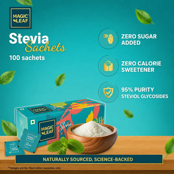 Magicleaf Stevia Sachets (Pack of 100) - Zero Calorie Sugar Substitute for Tea, Coffee & Much More