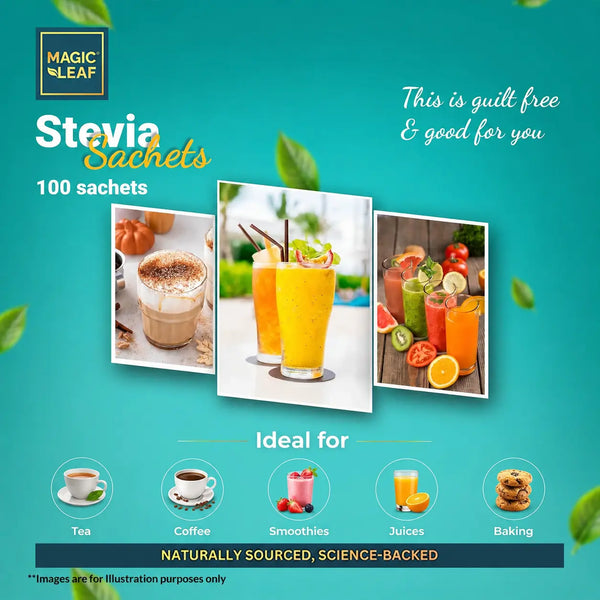 Magicleaf Stevia Sachets (Pack of 100) - Zero Calorie Sugar Substitute for Tea, Coffee & Much More