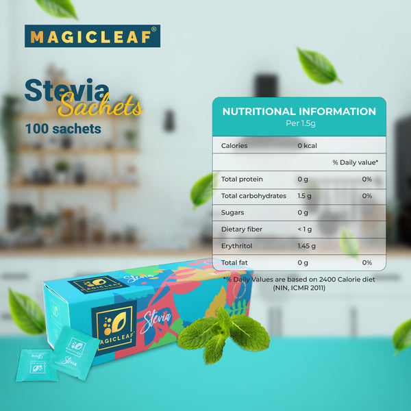 Stevia Powder Sachets By Magicleaf (Pack of 2 - 100 Sachets Each) | Natural Sweetener Made From Himalayan Stevia Leaves | 🎁 With 2 FREE GIFTS
