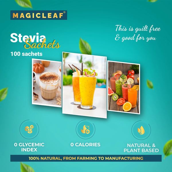 Stevia Powder Sachets By Magicleaf (Pack of 2 - 100 Sachets Each) | Natural Sweetener Made From Himalayan Stevia Leaves | 🎁 With 2 FREE GIFTS