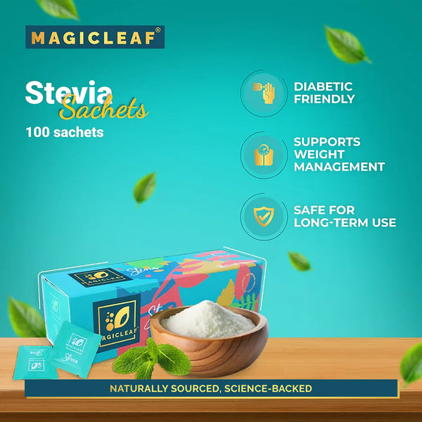 Stevia Powder Sachets By Magicleaf (100 Sachets) | Natural Sweetener Made From Himalayan Stevia Leaves