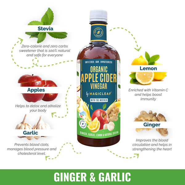 Organic Himalayan Apple Cider Vinegar with Ginger, Garlic. Lemon & Stevia by Magicleaf (750 ml) | Made From Shimla Apples