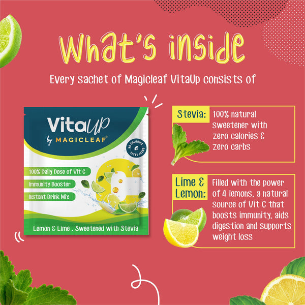 VitaUp Natural Vitamin C Sachets (🍋 Zesty Lemon & Lime Flavor) by Magicleaf (30 Sachets Box) | Immunity Booster | Sweetened With Himalayan Stevia Leaves