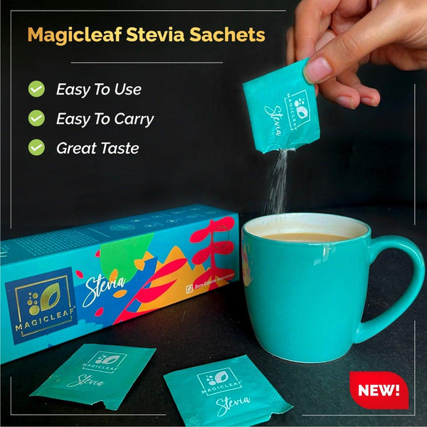 Magicleaf Stevia Sugar Stevia powder sachets are easy to use, carry and taste great.